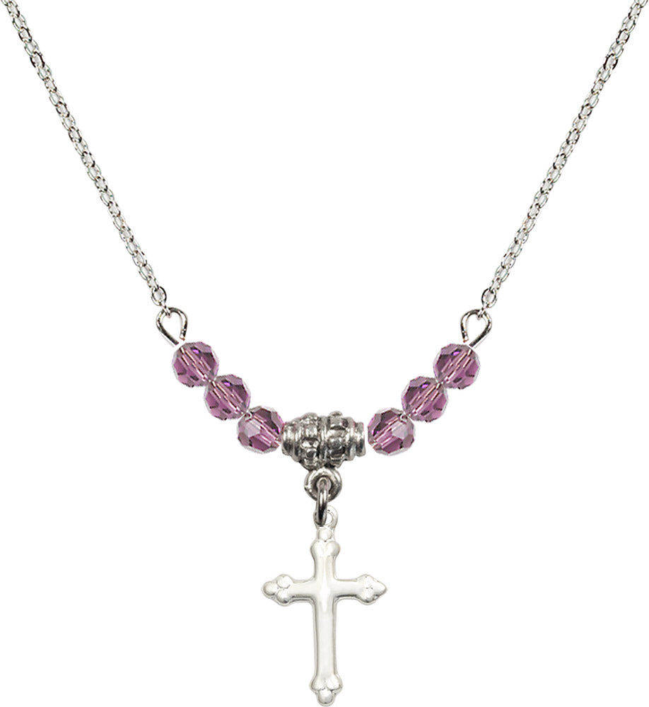 Sterling Silver Cross Birthstone Necklace with Light Amethyst Beads - 5415
