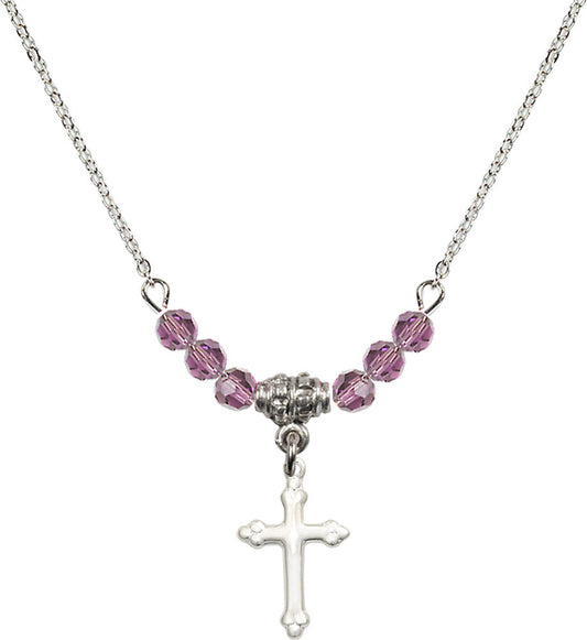 Sterling Silver Cross Birthstone Necklace with Light Amethyst Beads - 5415