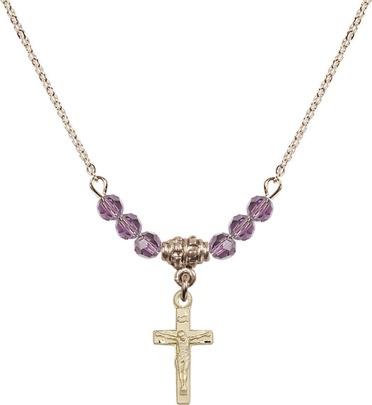 14kt Gold Filled Crucifix Birthstone Necklace with Light Amethyst Beads - 5417