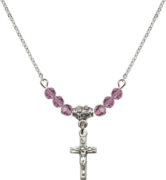 Sterling Silver Crucifix Birthstone Necklace with Light Amethyst Beads - 5417