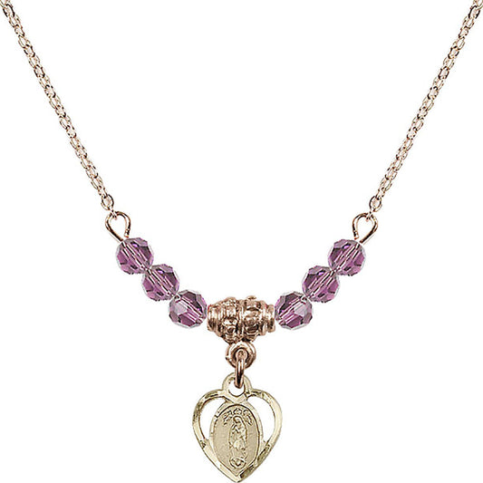 14kt Gold Filled Our Lady of Guadalupe Birthstone Necklace with Light Amethyst Beads - 5422