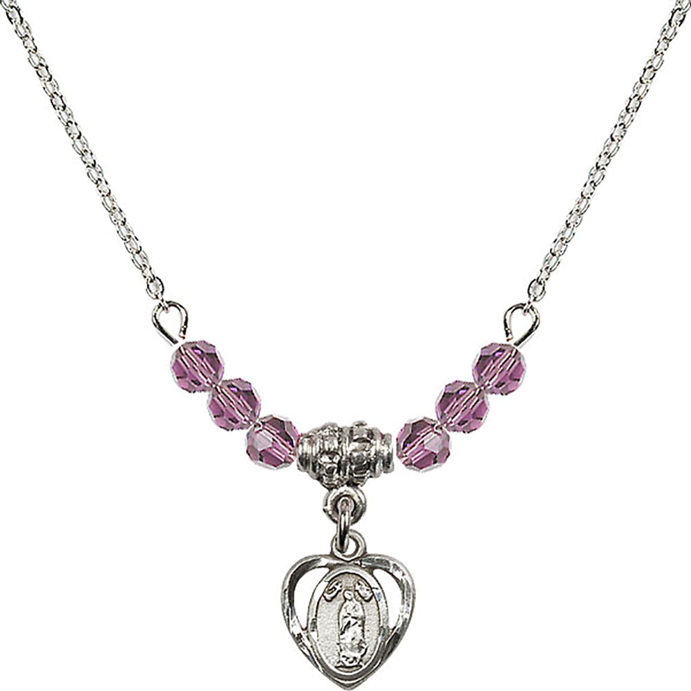 Sterling Silver Our Lady of Guadalupe Birthstone Necklace with Light Amethyst Beads - 5422