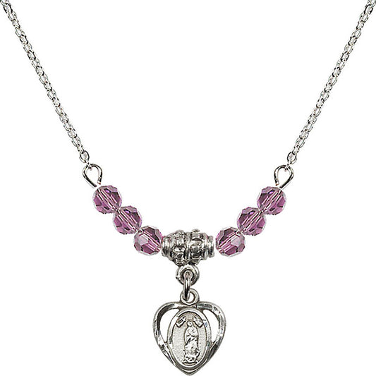 Sterling Silver Our Lady of Guadalupe Birthstone Necklace with Light Amethyst Beads - 5422