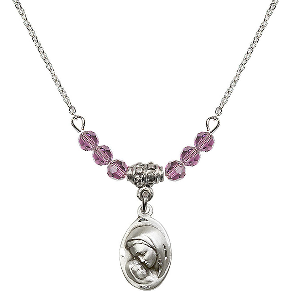 Sterling Silver Madonna & Child Birthstone Necklace with Light Amethyst Beads - 5447