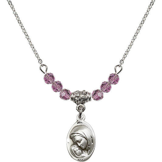 Sterling Silver Madonna & Child Birthstone Necklace with Light Amethyst Beads - 5447