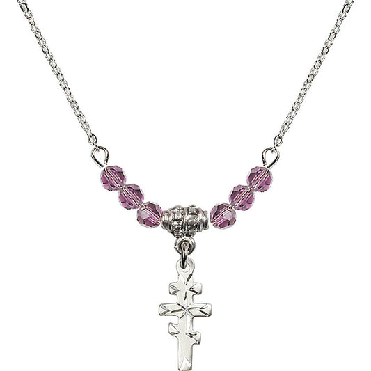 Sterling Silver Greek Orthadox Cross Birthstone Necklace with Light Amethyst Beads - 5654