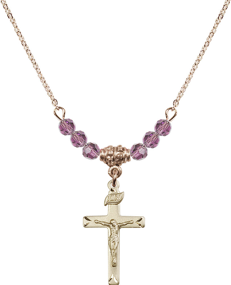 14kt Gold Filled Crucifix Birthstone Necklace with Light Amethyst Beads - 5668