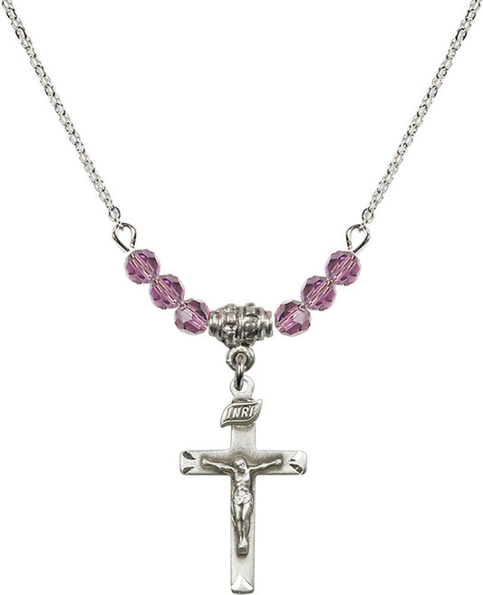 Sterling Silver Crucifix Birthstone Necklace with Light Amethyst Beads - 5668