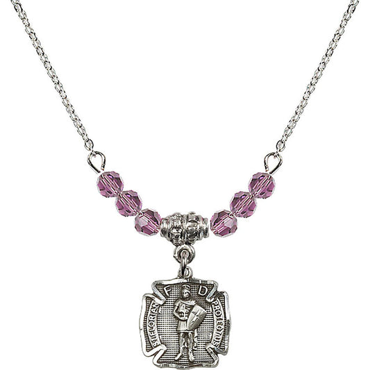Sterling Silver Saint Florian Birthstone Necklace with Light Amethyst Beads - 5686