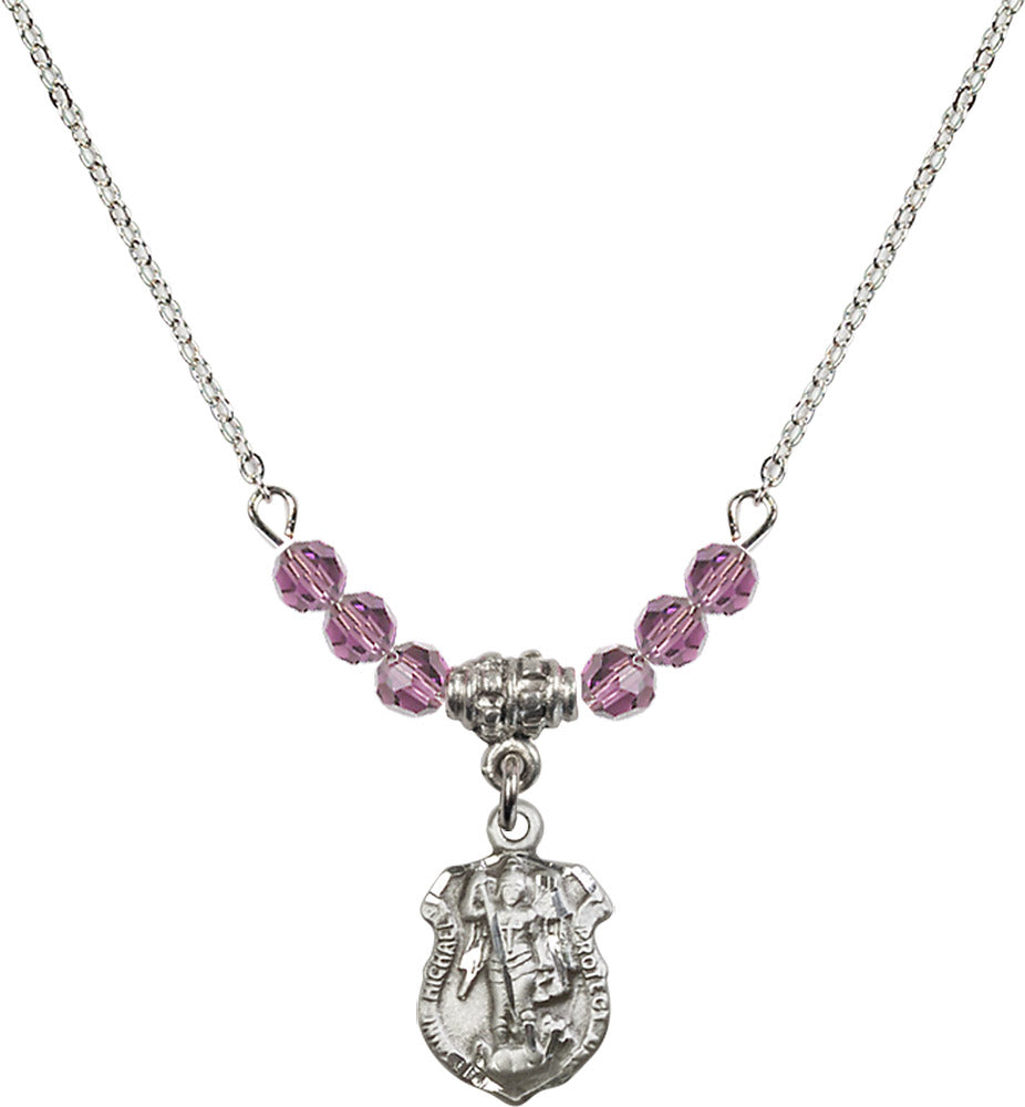 Sterling Silver Saint Michael the Archangel Birthstone Necklace with Light Amethyst Beads - 5699
