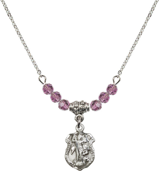 Sterling Silver Saint Michael the Archangel Birthstone Necklace with Light Amethyst Beads - 5699