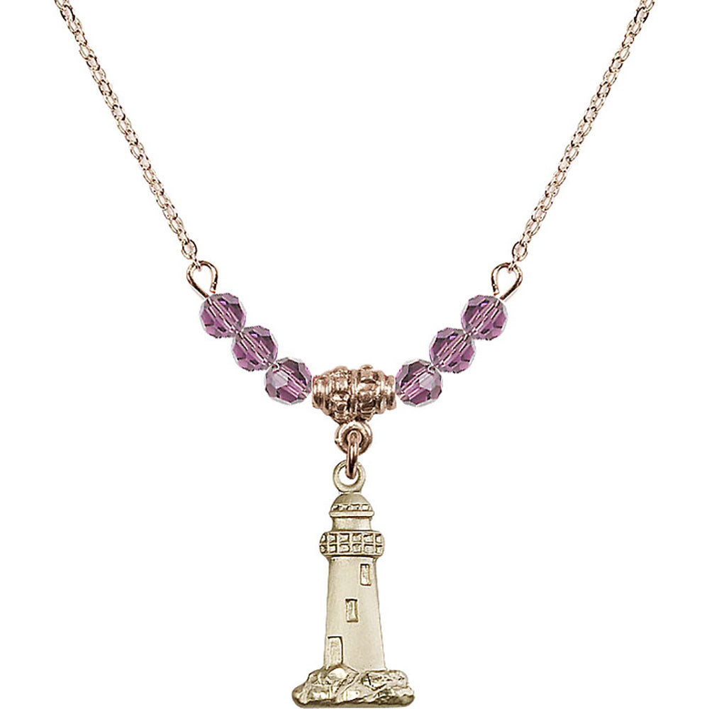14kt Gold Filled Lighthouse Birthstone Necklace with Light Amethyst Beads - 5922