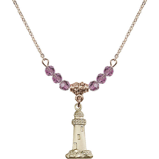 14kt Gold Filled Lighthouse Birthstone Necklace with Light Amethyst Beads - 5922