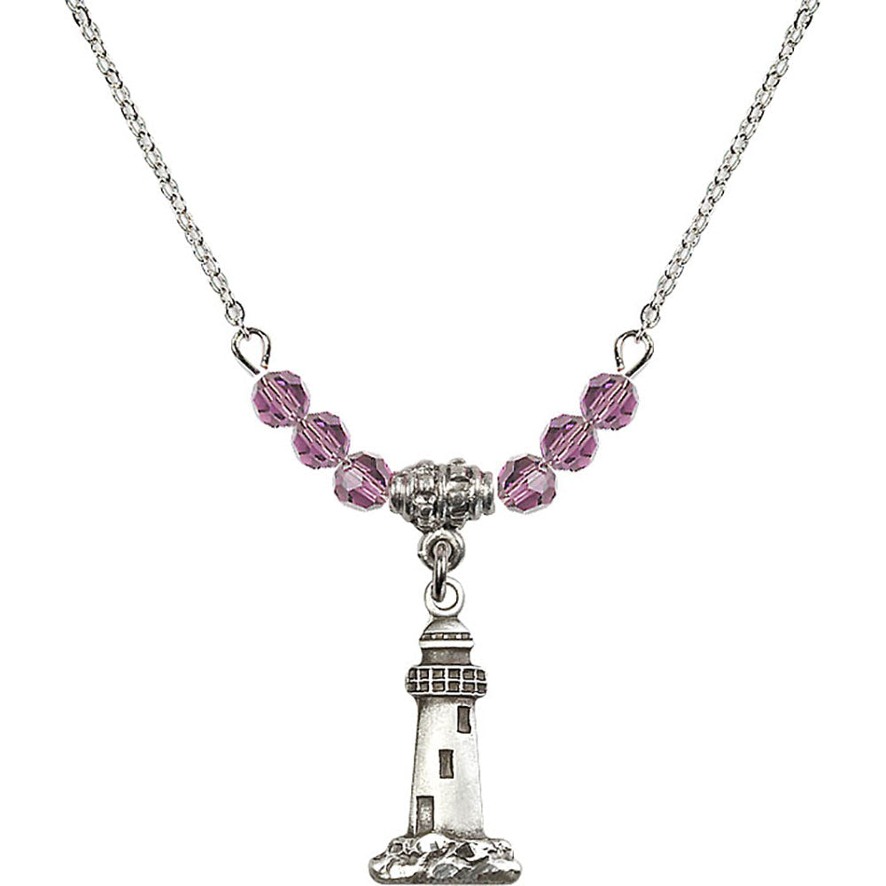 Sterling Silver Lighthouse Birthstone Necklace with Light Amethyst Beads - 5922