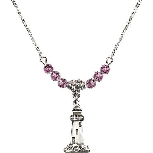 Sterling Silver Lighthouse Birthstone Necklace with Light Amethyst Beads - 5922