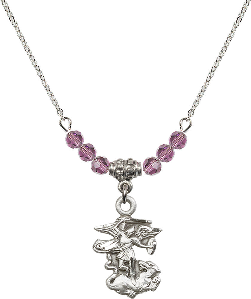 Sterling Silver Saint Michael the Archangel Birthstone Necklace with Light Amethyst Beads - 5940