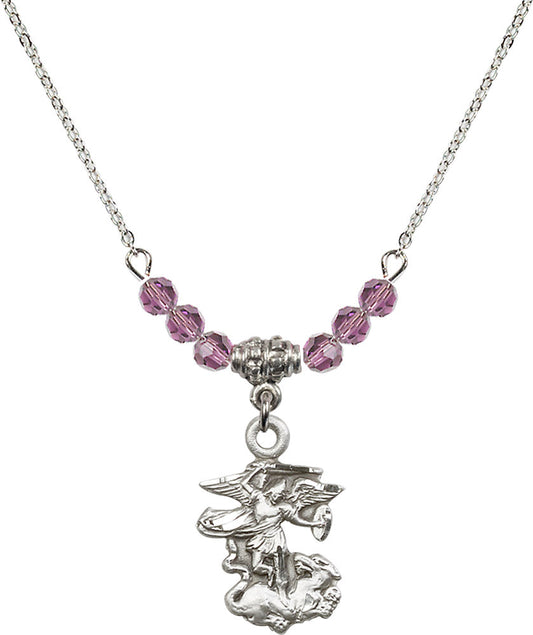 Sterling Silver Saint Michael the Archangel Birthstone Necklace with Light Amethyst Beads - 5940
