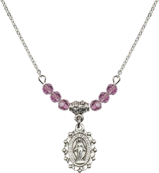 Sterling Silver Miraculous Birthstone Necklace with Light Amethyst Beads - 6040