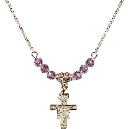 14kt Gold Filled San Damiano Crucifix Birthstone Necklace with Light Amethyst Beads - 6078