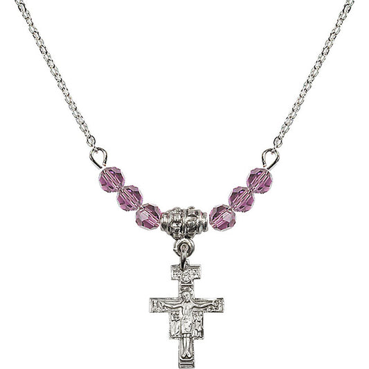 Sterling Silver San Damiano Crucifix Birthstone Necklace with Light Amethyst Beads - 6078