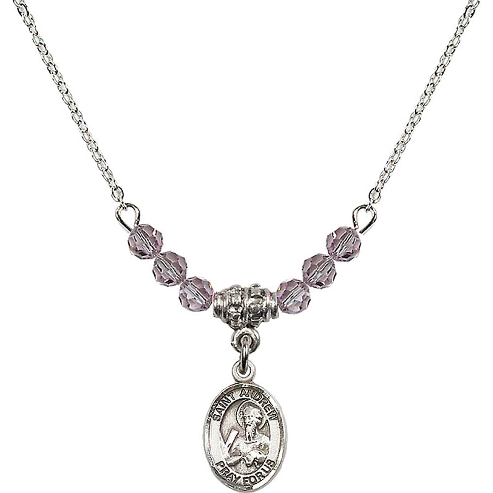 Sterling Silver Saint Andrew the Apostle Birthstone Necklace with Light Amethyst Beads - 9000