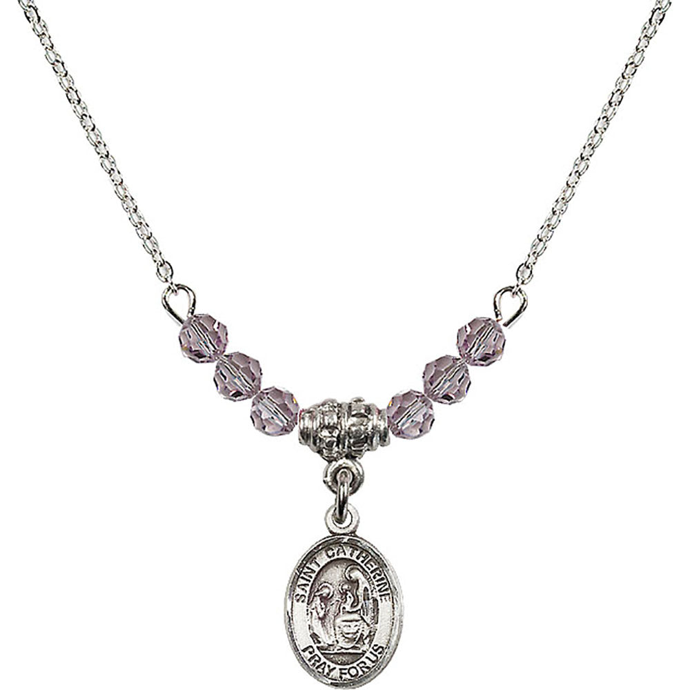 Sterling Silver Saint Catherine of Siena Birthstone Necklace with Light Amethyst Beads - 9014