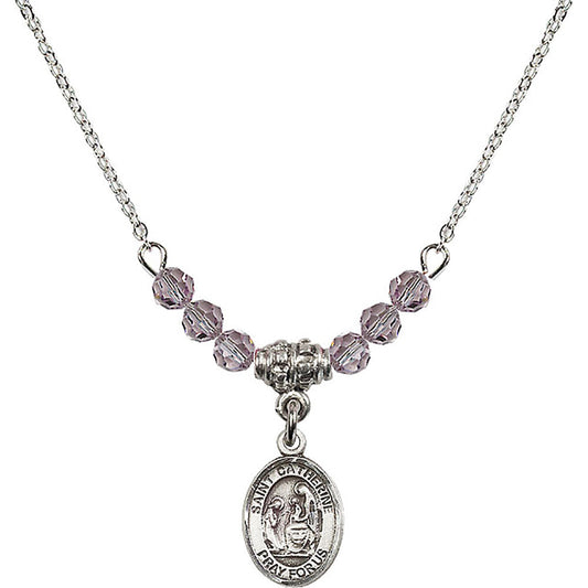 Sterling Silver Saint Catherine of Siena Birthstone Necklace with Light Amethyst Beads - 9014
