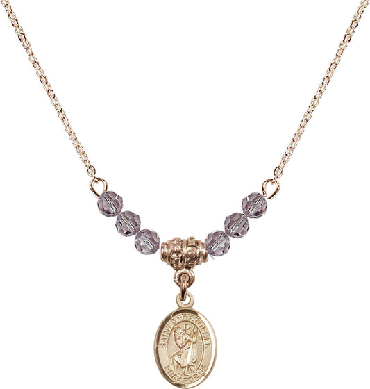 14kt Gold Filled Saint Christopher Birthstone Necklace with Light Amethyst Beads - 9022