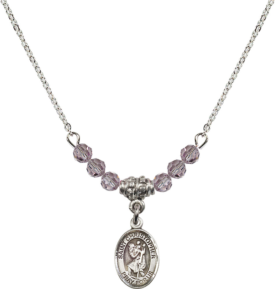 Sterling Silver Saint Christopher Birthstone Necklace with Light Amethyst Beads - 9022