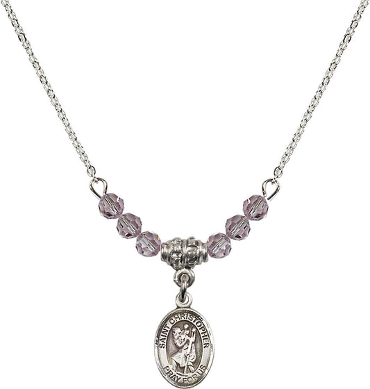 Sterling Silver Saint Christopher Birthstone Necklace with Light Amethyst Beads - 9022