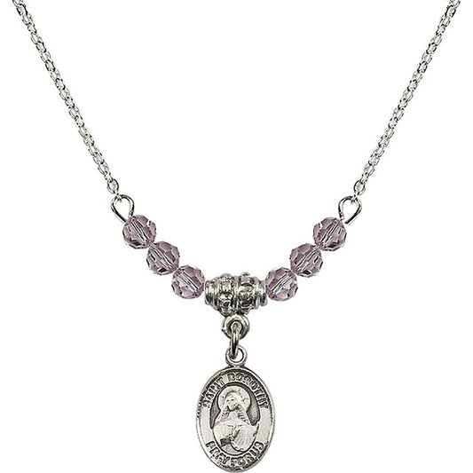 Sterling Silver Saint Dorothy Birthstone Necklace with Light Amethyst Beads - 9023