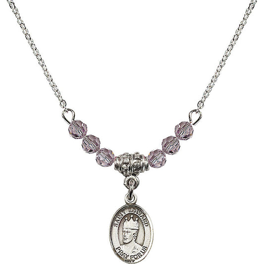 Sterling Silver Saint Edward the Confessor Birthstone Necklace with Light Amethyst Beads - 9026