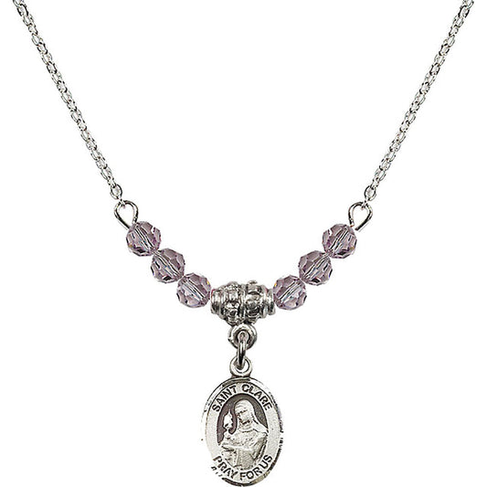Sterling Silver Saint Clare of Assisi Birthstone Necklace with Light Amethyst Beads - 9028