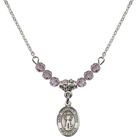 Sterling Silver Saint Francis of Assisi Birthstone Necklace with Light Amethyst Beads - 9036