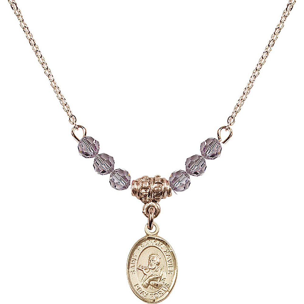 14kt Gold Filled Saint Francis Xavier Birthstone Necklace with Light Amethyst Beads - 9037