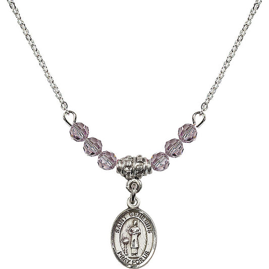 Sterling Silver Saint Genesius of Rome Birthstone Necklace with Light Amethyst Beads - 9038