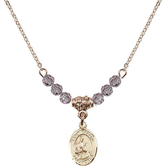 14kt Gold Filled Saint Gerard Majella Birthstone Necklace with Light Amethyst Beads - 9042