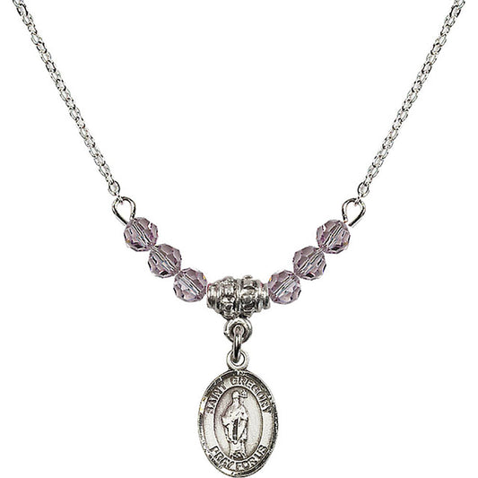 Sterling Silver Saint Gregory the Great Birthstone Necklace with Light Amethyst Beads - 9048