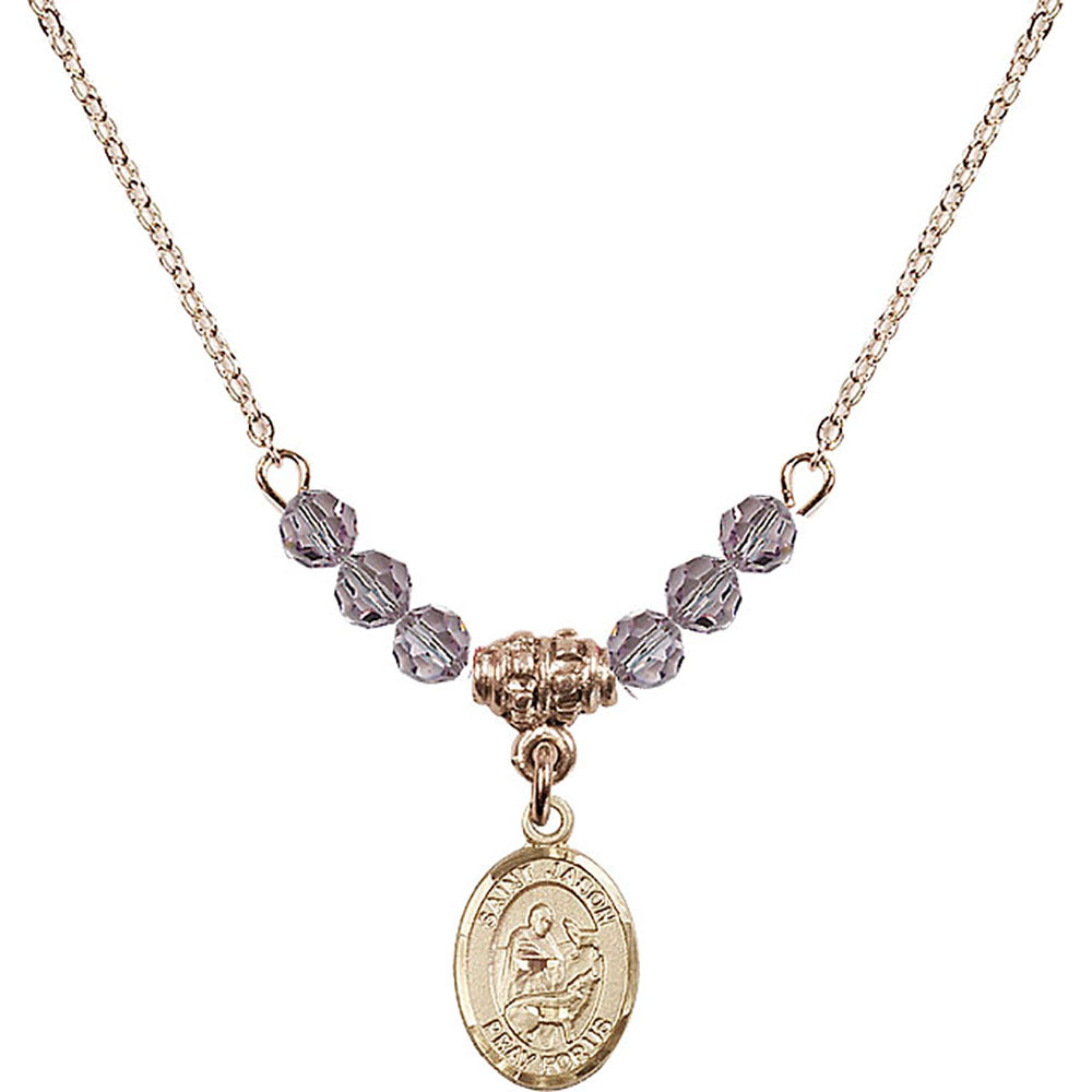 14kt Gold Filled Saint Jason Birthstone Necklace with Light Amethyst Beads - 9051
