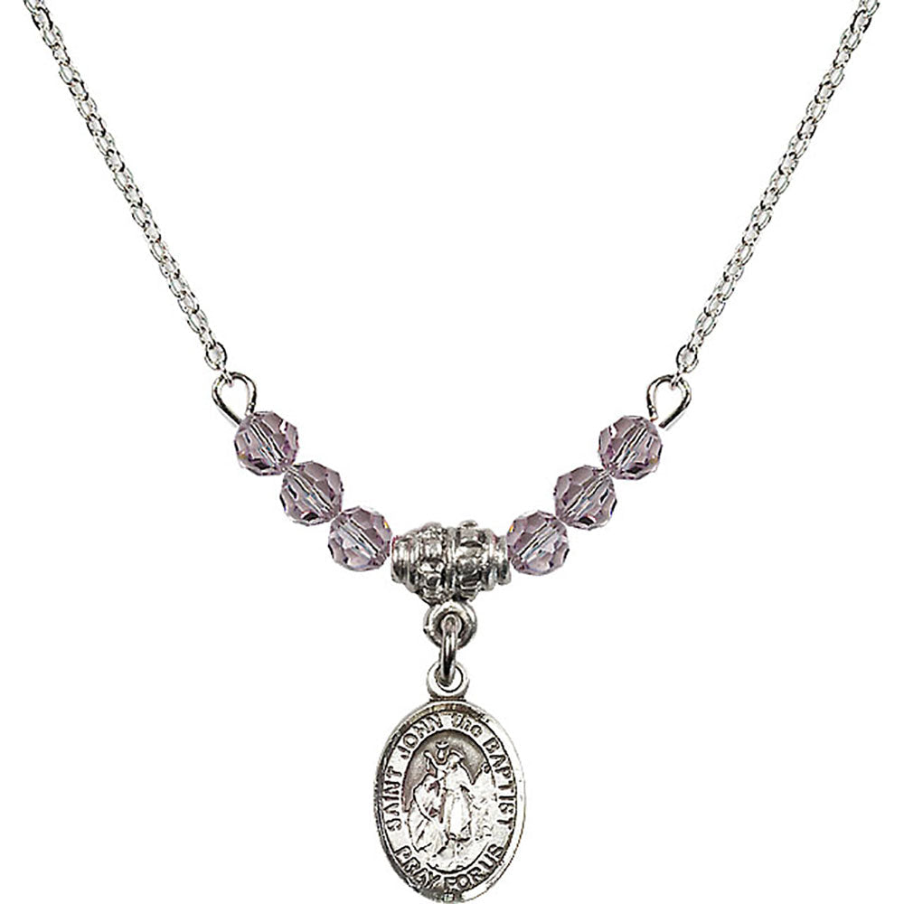 Sterling Silver Saint John the Baptist Birthstone Necklace with Light Amethyst Beads - 9054