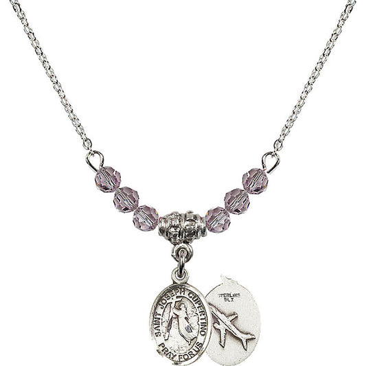 Sterling Silver Saint Joseph of Cupertino Birthstone Necklace with Light Amethyst Beads - 9057
