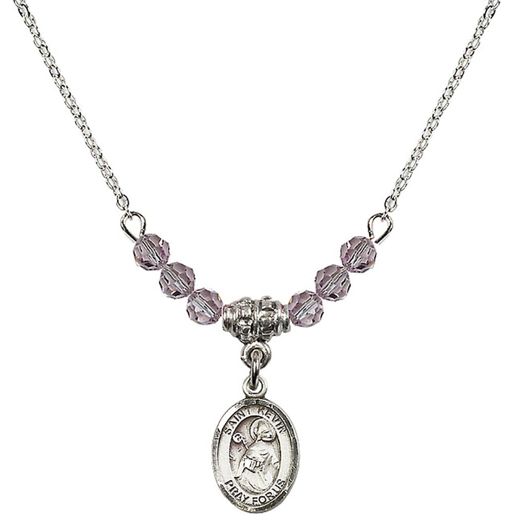 Sterling Silver Saint Kevin Birthstone Necklace with Light Amethyst Beads - 9062