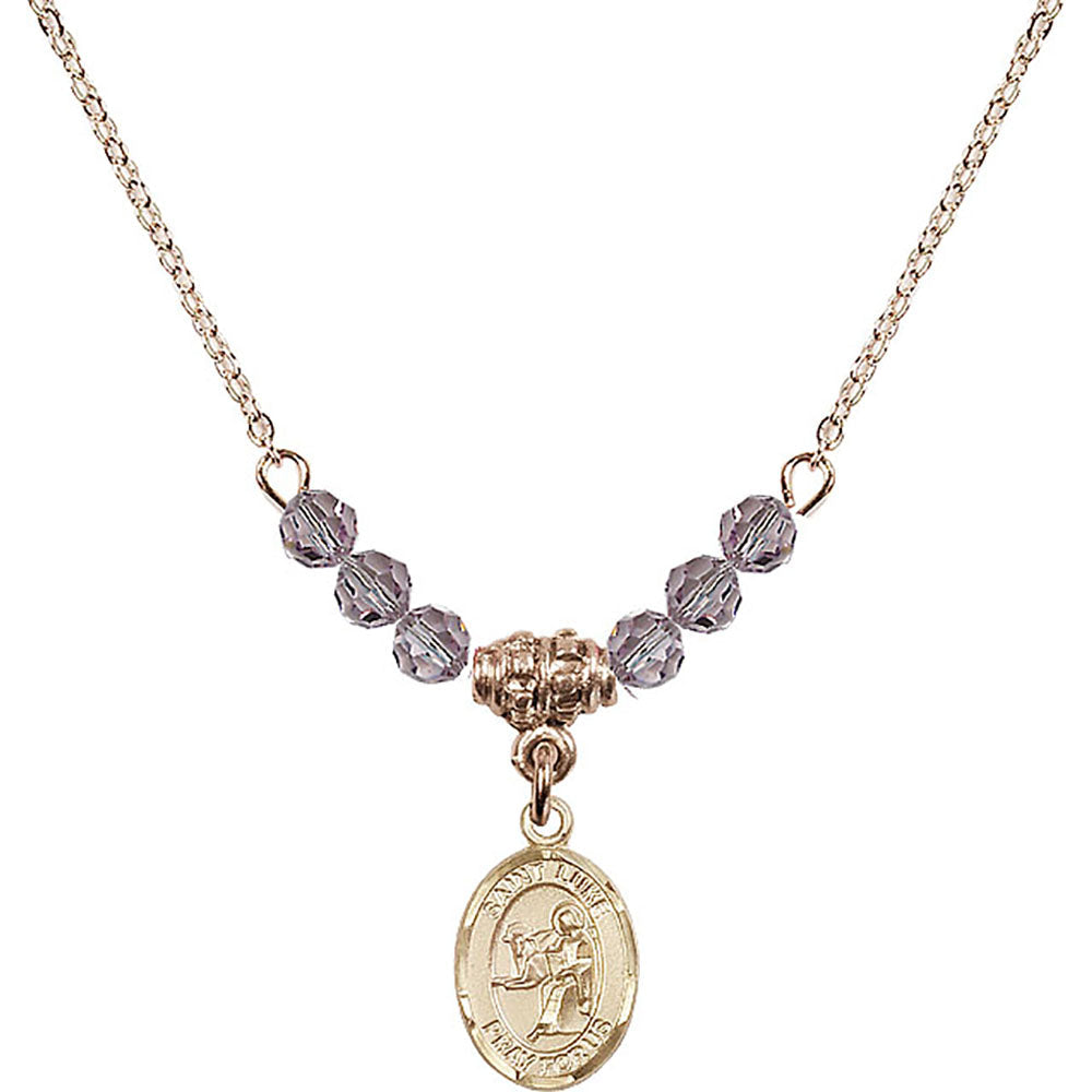 14kt Gold Filled Saint Luke the Apostle Birthstone Necklace with Light Amethyst Beads - 9068