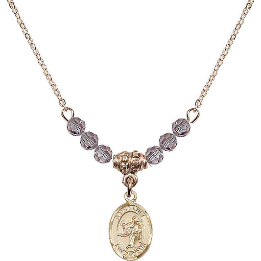 14kt Gold Filled Saint Luke the Apostle Birthstone Necklace with Light Amethyst Beads - 9068