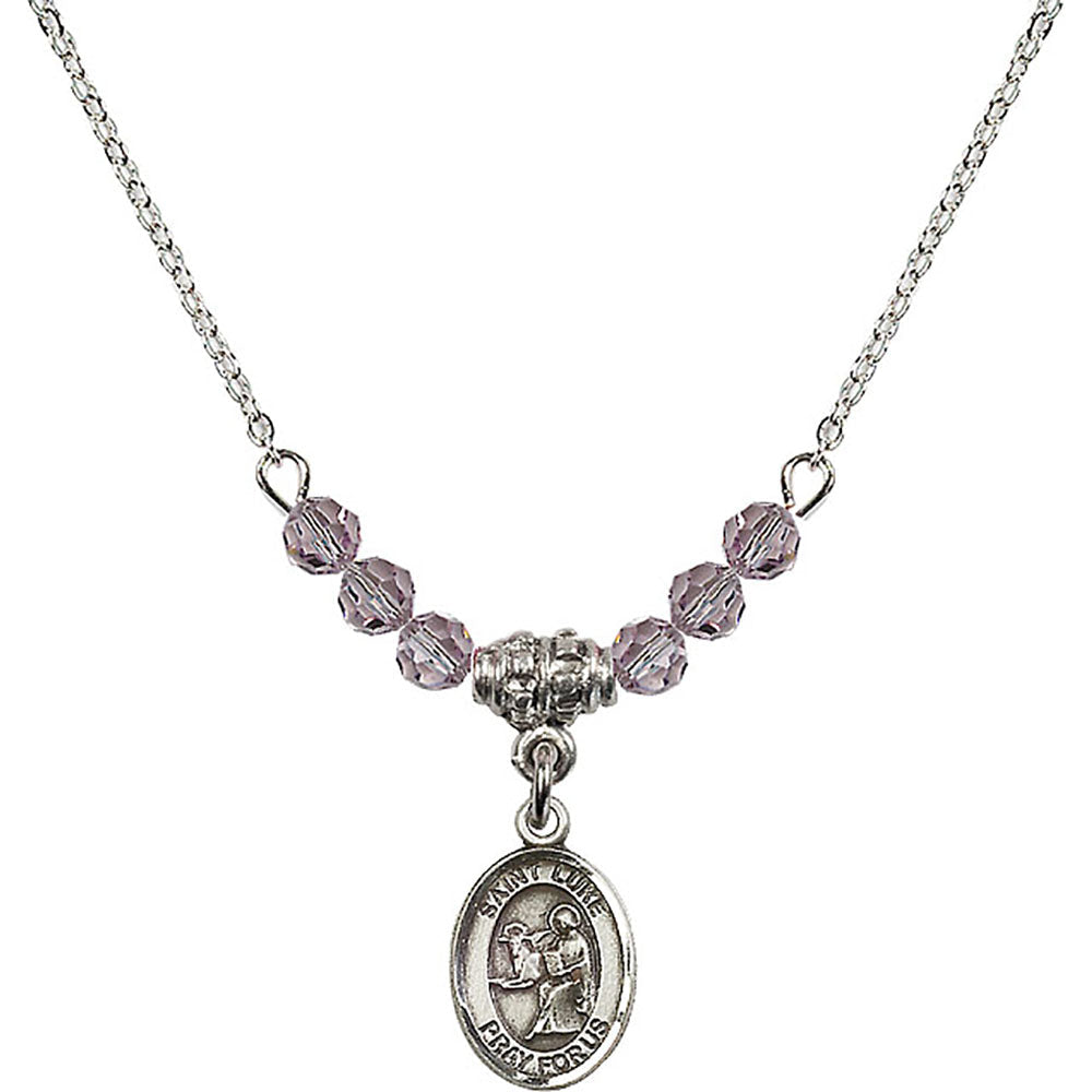 Sterling Silver Saint Luke the Apostle Birthstone Necklace with Light Amethyst Beads - 9068