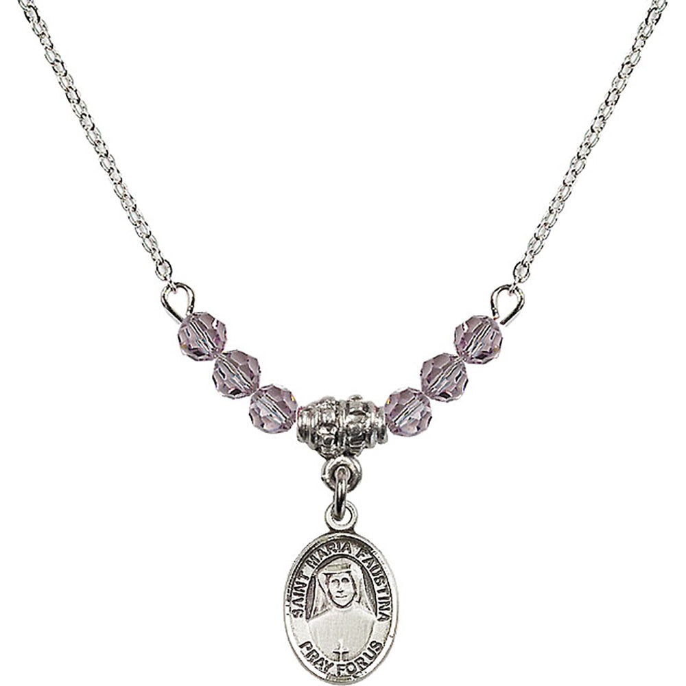 Sterling Silver Saint Maria Faustina Birthstone Necklace with Light Amethyst Beads - 9069