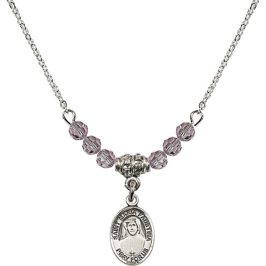 Sterling Silver Saint Maria Faustina Birthstone Necklace with Light Amethyst Beads - 9069
