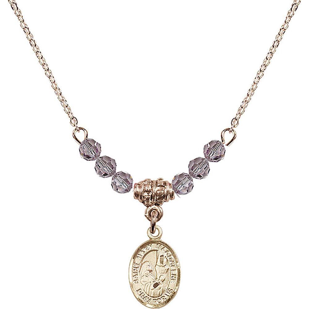 14kt Gold Filled Saint Mary Magdalene Birthstone Necklace with Light Amethyst Beads - 9071