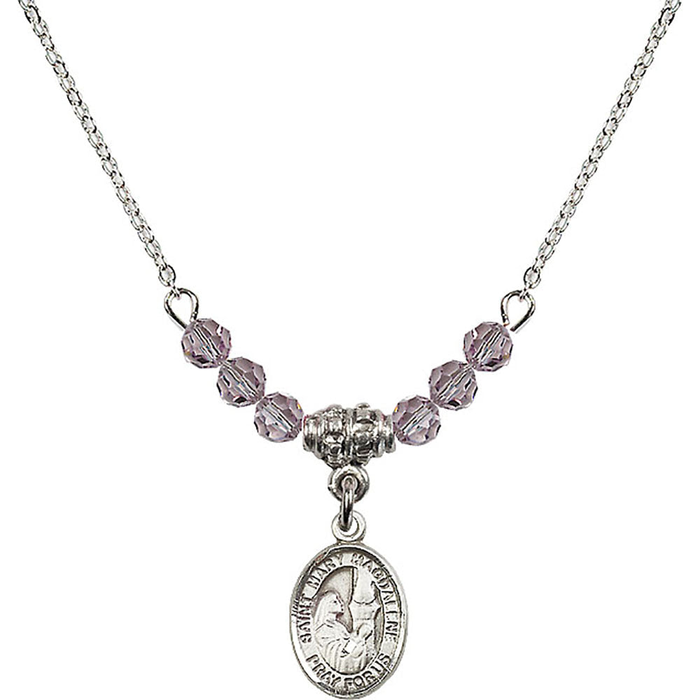 Sterling Silver Saint Mary Magdalene Birthstone Necklace with Light Amethyst Beads - 9071
