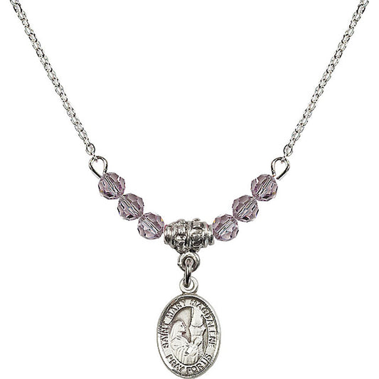 Sterling Silver Saint Mary Magdalene Birthstone Necklace with Light Amethyst Beads - 9071